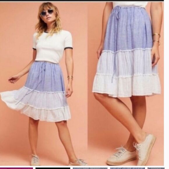 Rails Women's L Madeline Tiered Linen Skirt‎ Trio Stripe Blue Beige Prairie New - Picture 1 of 10